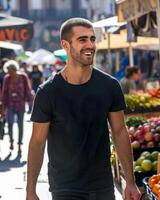 Young Caucasian Adult in Blank Black T Shirt photo