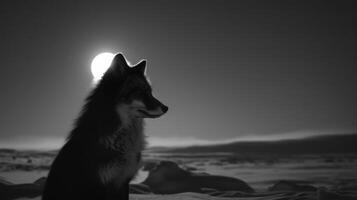 A black and white photography of a fox in the wild photo