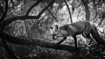 A black and white photography of a fox in the wild photo