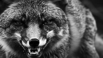 A black and white photography of a fox in the wild photo