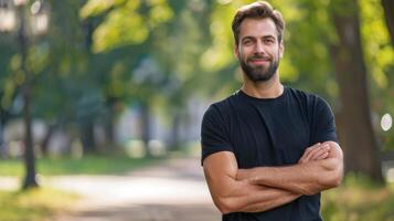 Young Caucasian Adult in Blank Black T Shirt photo