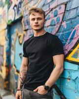 Young Caucasian Adult in Blank Black T Shirt photo