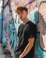 Young Caucasian Adult in Blank Black T Shirt photo