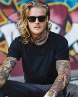 Black Tshirt mockup, featuring a rebel look male model photo