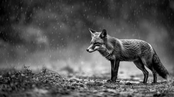 A black and white photography of a fox in the wild photo