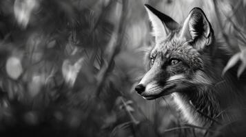 A black and white photography of a fox in the wild photo