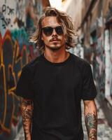 Black Tshirt mockup, featuring a rebel look male model photo