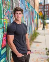 Young Caucasian Adult in Blank Black T Shirt photo