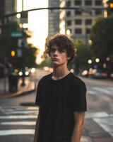 Young Caucasian Adult in Blank Black T Shirt photo