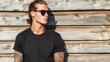 Black Tshirt mockup, featuring a rebel look male model photo