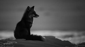 A black and white photography of a fox in the wild photo