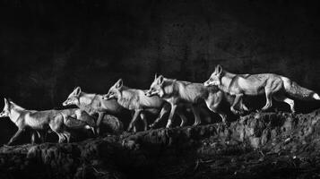 A black and white photography of a fox in the wild photo