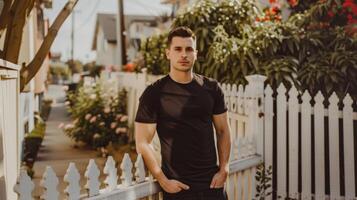 Young Caucasian Adult in Blank Black T Shirt photo