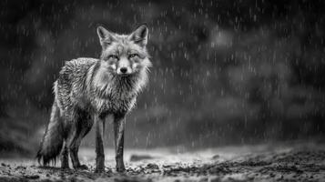 A black and white photography of a fox in the wild photo