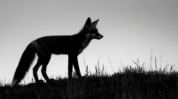 A black and white photography of a fox in the wild photo