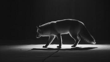 A black and white photography of a fox in the wild photo