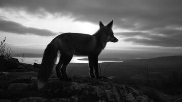 A black and white photography of a fox in the wild photo