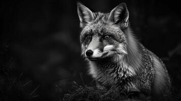 A black and white photography of a fox in the wild photo