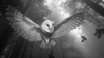 Black and White Photo of Owl in Wilderness