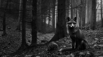 A black and white photography of a fox in the wild photo