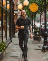 Young Caucasian Adult in Blank Black T Shirt photo