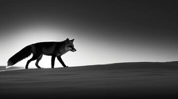 A black and white photography of a fox in the wild photo