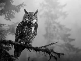 Black and White Photo of Owl in Wilderness