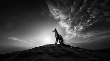 A black and white photography of a fox in the wild photo