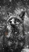 A black and white photography of a fox in the wild photo