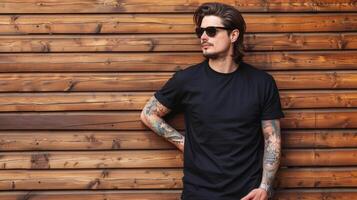 negro camiseta Bosquejo, presentando un rebelde Mira masculino modelo foto