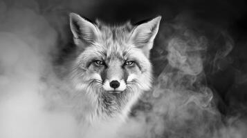 A black and white photography of a fox in the wild photo