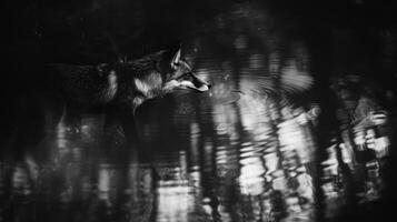 A black and white photography of a fox in the wild photo