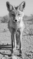 A black and white photography of a fox in the wild photo