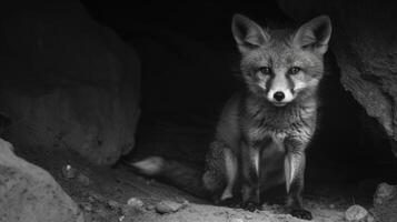 A black and white photography of a fox in the wild photo