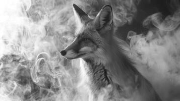 A black and white photography of a fox in the wild photo