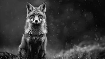 A black and white photography of a fox in the wild photo