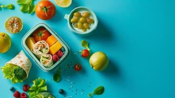 lunch box on a bright blue background showcasing a well balanced meal of fruits photo