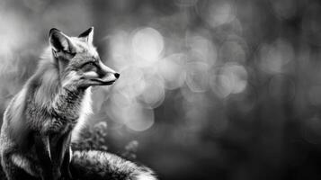 A black and white photography of a fox in the wild photo