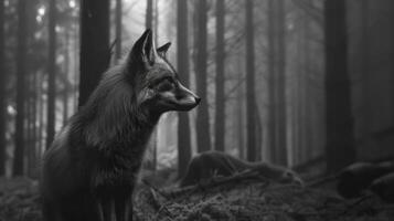 A black and white photography of a fox in the wild photo