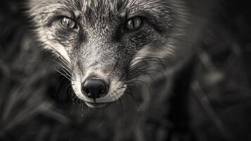 A black and white photography of a fox in the wild photo