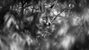 A black and white photography of a fox in the wild photo