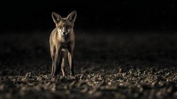 A black and white photography of a fox in the wild photo