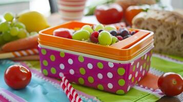 lunch box filled with colorful sections of healthy foods photo