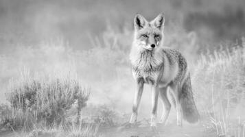 A black and white photography of a fox in the wild photo