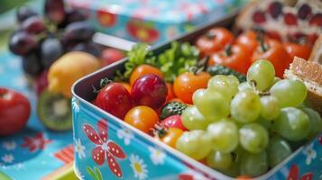 lunch box filled with colorful sections of healthy foods photo