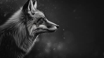 A black and white photography of a fox in the wild photo