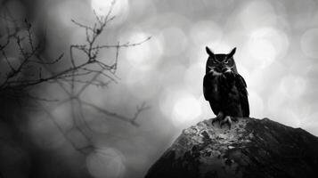 Black and White Photo of Owl in Wilderness