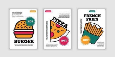 Collection Pizza, french fries, Burger. Price tag or poster design. Set of Engraving style. Labels, cover, t-shirt print, painting. vector