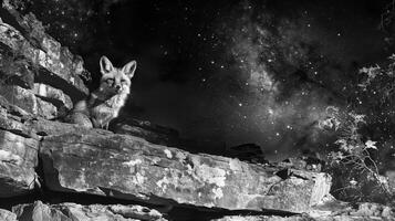 A black and white photography of a fox in the wild photo