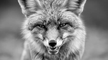 A black and white photography of a fox in the wild photo